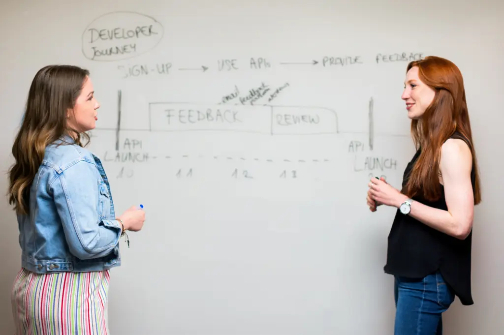 Two female professionals reviewing timeline of new APIs’ launch on whiteboard. 