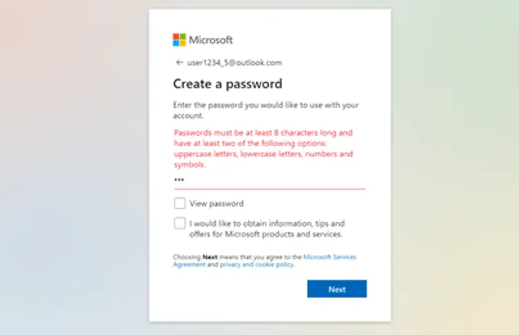 Microsoft Outlook error message during password creation