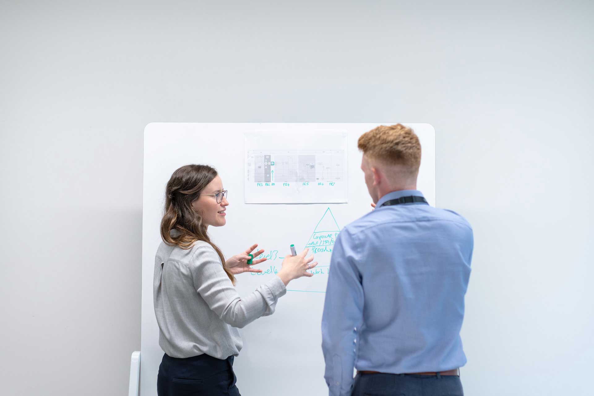 One young professional at a whiteboard explaining a digital product development process to her colleague
