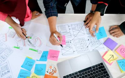 Three professionals around a boardroom planning out a digital product development process