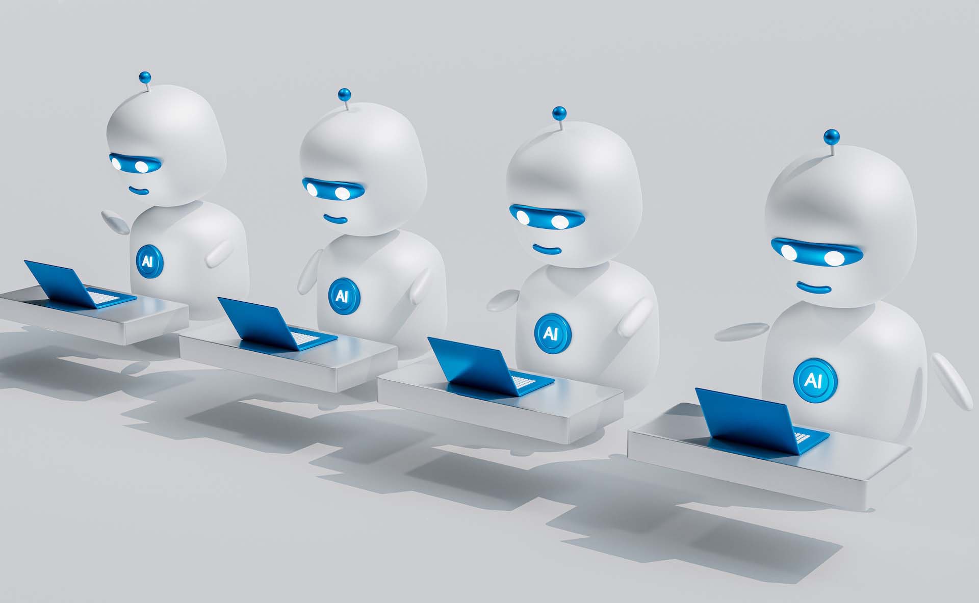 Line of AI robots, representing robotic process automation